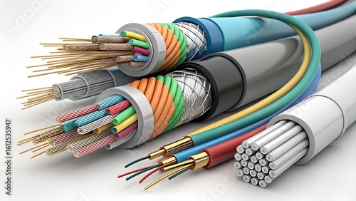 A collection of various cross-sections of electrical cables, showcasing their inner components and multi-layered construction style, all set against a white