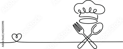 Minimalist continuous line drawing of chef hat spoon fork and heart