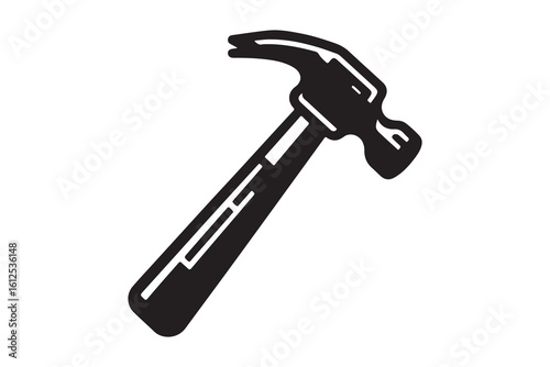 A black silhouette of a classic claw hammer, a common hand tool for carpentry and construction.