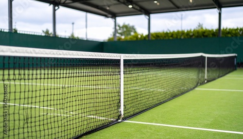 Wallpaper Mural A tennis net stretches across a green court, under a covered outdoor area, with trees visible in the background. Torontodigital.ca