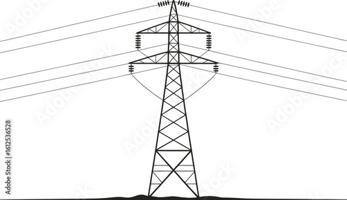 Tall electricity pylon with multiple power lines against a white background