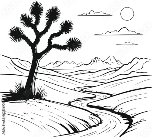 Sketch of a lone joshua tree in a desert landscape with winding road and mountains