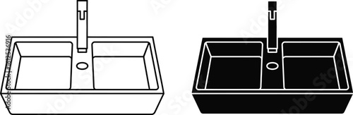 Double basin kitchen sink with faucet in black and white line art