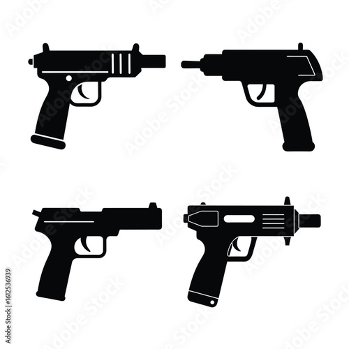 Handgun Silhouettes Collection – Black Pistol Icons Isolated on White Background