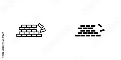 Black simple under construction icon, vector flat design unsafe building break down brickwall with falling bricks broken warning interface element for app ui ux web button isolated on white background