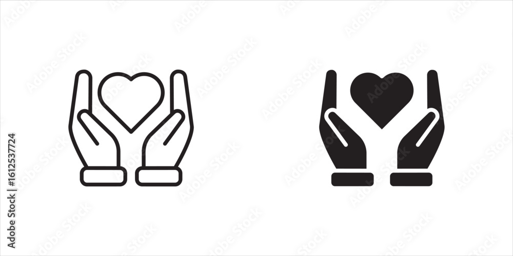 Obraz premium Heart in hand icons set. Hands holding heart icon. Love icon. Health, medicine symbol. Healthcare hands holding heart flat and line style, vector illustration