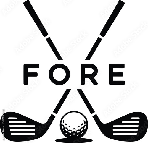 Golfing fore word with crossed clubs and ball