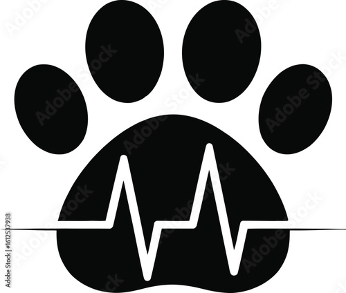 Black paw print with heartbeat line symbolizing animal health