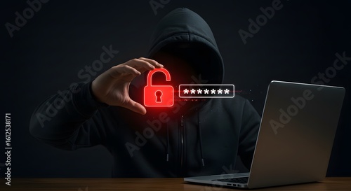 Cyber Security Intruder: A hooded figure symbolizes the dangers of cybercrime, holding a digital padlock, alongside a laptop with a password.