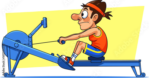 Cartoon Athlete Rowing Machine, Focused Expression, Intense Workout, Fitness Goal.