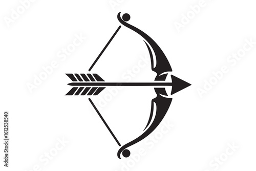 Illustration of a simple black bow and arrow design with a curved bow and a single arrow ready to be shot