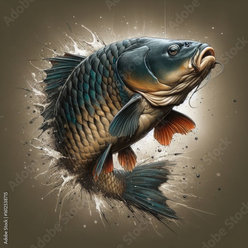 Realistic digital painting of a carp fish bursting through water, designed for high-quality prints on apparel and other merchandise