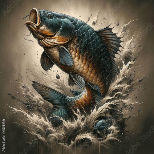 Dynamic illustration of a jumping carp fish surrounded by splashes, perfect for fishing-themed t-shirt prints and merchandise.