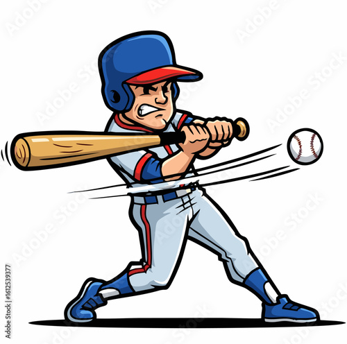 Cartoon Baseball Player Swinging Bat at Ball