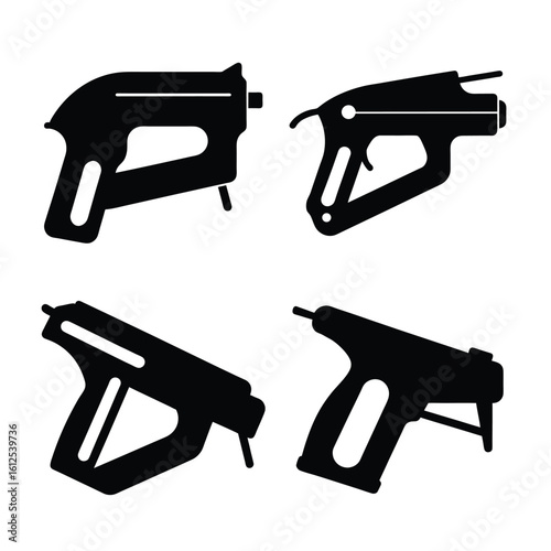 Tools & DIY Equipment Silhouettes – Black Vector Icon Set of Staple Guns and Nail Guns for Carpentry, Upholstery, and Home Improvement Projects