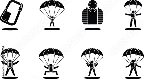 Collection of skydiver icons and parachute symbols in black and white