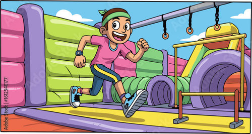 Cartoon Boy Running Through Inflatable Obstacle Course with Rings and Tunnels