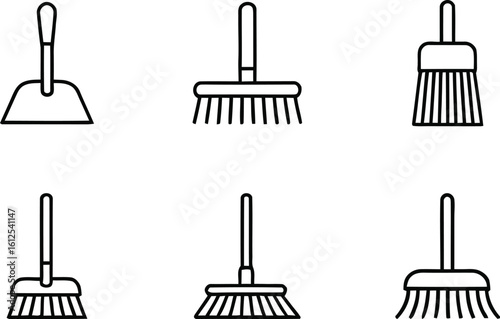 Collection of simple line art icons for cleaning tools including dustpan and brooms