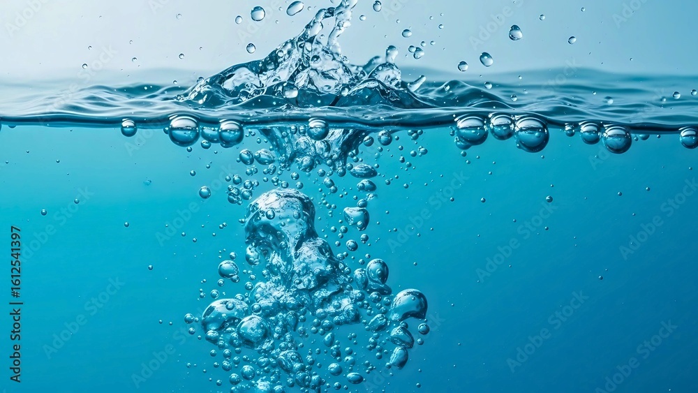 Refreshing blue water surface with a dynamic splash and rising air bubbles. Pure liquid background concept. Refreshing blue water surface with a dynamic splash and rising air bubbles. Pure liquid background concept.