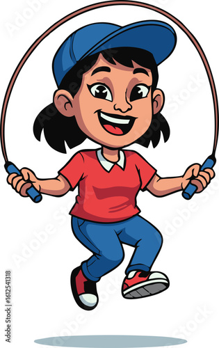 Cartoon girl jumping rope with a joyful expression and blue cap