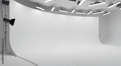Empty modern photography studio with professional lighting equipment. A clean, spacious concept for video or photoshoot production on a white cyclorama background.