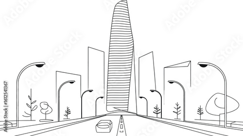 Modern cityscape with tall building and streetlights hand drawn sketch