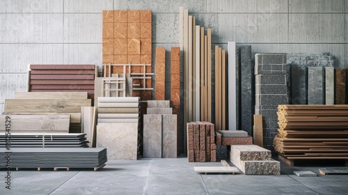 A variety of building materials and construction supplies arranged in a warehouse setting.