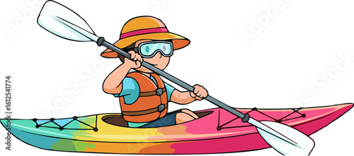 Cartoon Kayaker Paddling a Colorful Kayak with Safety Gear and Goggles.