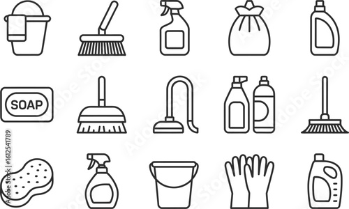 Collection of hand drawn cleaning supplies and tools for household chores