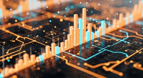Abstract Data Visualization: Orange and Blue Bars on Circuit Board with Bokeh