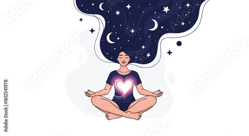 Woman meditating with stars and moons flowing from her head representing cosmic consciousness and inner peace