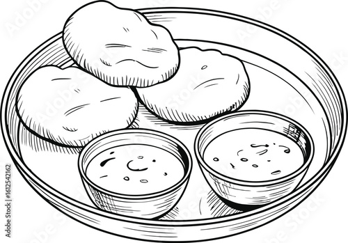 Hand drawn illustration of chicken nuggets with dipping sauces in a bowl