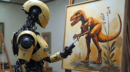 Robot Artist Painting Dinosaur on Canvas in Art Studio