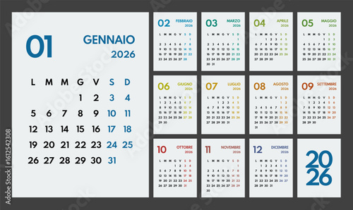 2026 year monthly office planner, calendar starts monday, two colorful weekends, white background, italian months name