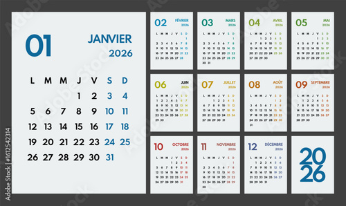 2026 year monthly office planner, calendar starts monday, two colorful weekends, white background, french months name