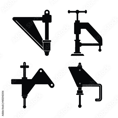 Tools & DIY Equipment Silhouettes – Corner Clamp Icon Set, Black Vector Collection of Workshop Clamps Isolated on White Background