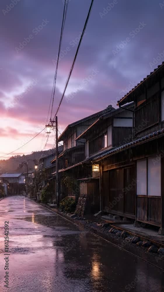 Typical historic japanese city street with japanese houses at susnet Typical historic japanese city street with japanese houses at susnet