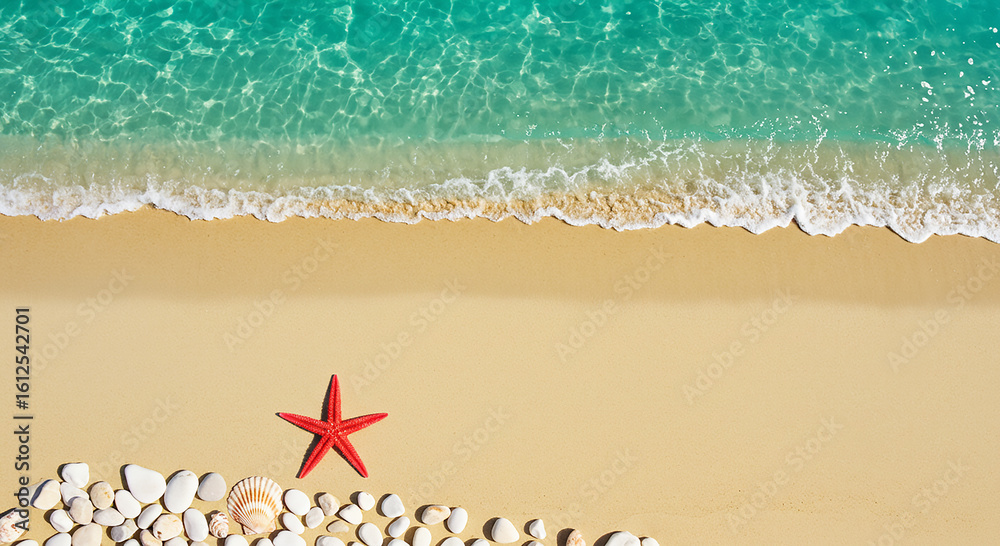 Naklejka premium Stunning turquoise ocean waves gently lapping golden sand beach with vibrant starfish and seashells, perfect for summer vacation vibes