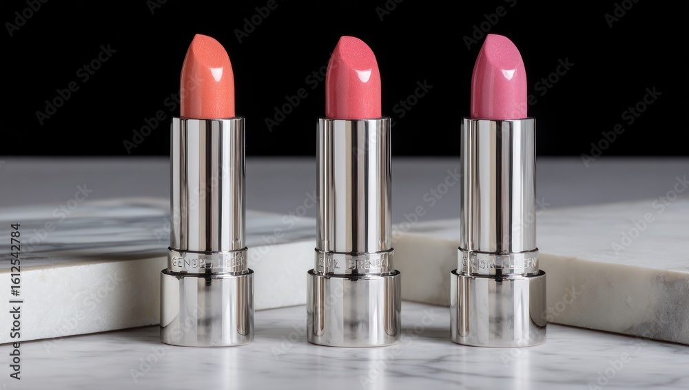 Obraz premium Three lipsticks in silver tubes, peach, coral, and pink, displayed on a white marble surface with a dark background