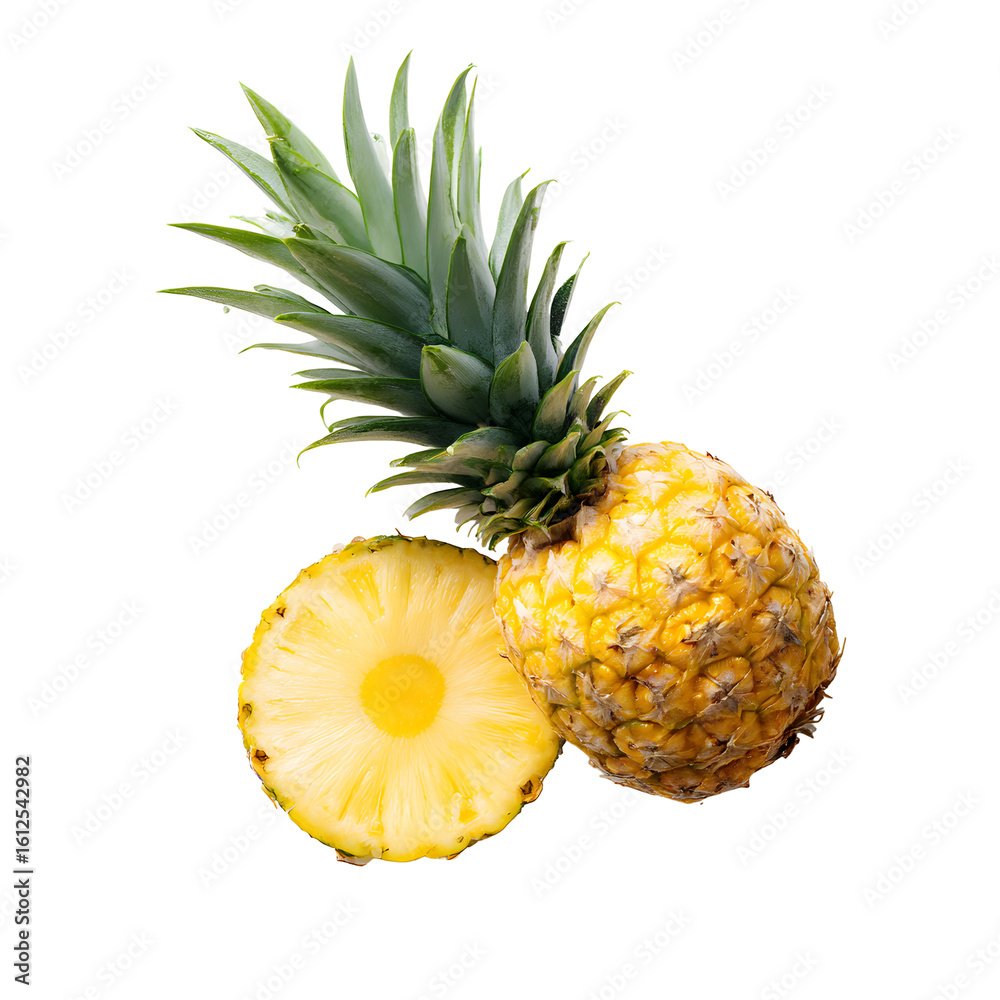 Fresh ripe pineapple with a round slice isolated on transparent background Fresh ripe pineapple with a round slice isolated on transparent background