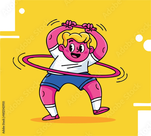 Cartoon pink-skinned boy with blonde hair twirling a pink hula hoop