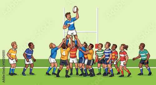 Cartoon Rugby Players in a Lineout, Diverse Team, Holding the Player with Ball