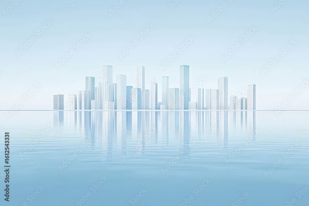 Fototapeta premium Abstract city skyline reflected on tranquil water.