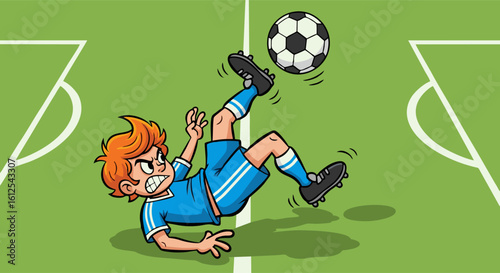 Cartoon soccer player with orange hair executing a bicycle kick on the field