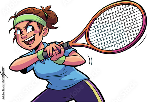 Cartoon Tennis Player with Green Headband Swinging Racket with Determination