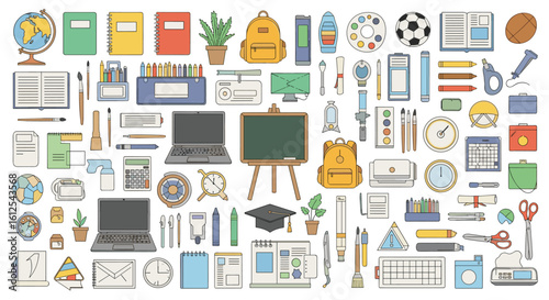 Collection of Pixel Art School and Office Supplies for Educational and Business Concepts
