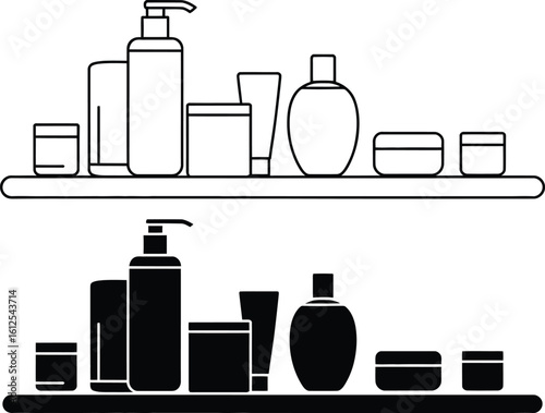 Collection of skincare products and cosmetics on a shelf in outline and silhouette
