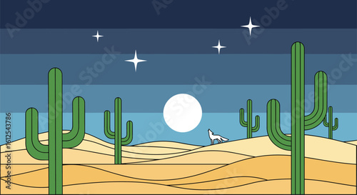 A Lone Wolf Howls at the Full Moon Under a Starry Desert Night Sky with Saguaro Cacti