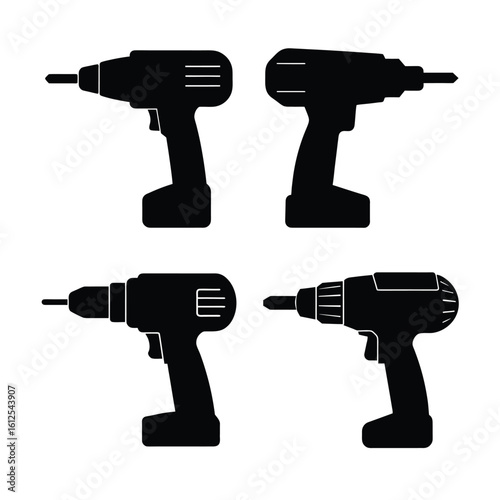 Tools & DIY Equipment Silhouettes – Electric Drill and Power Tool Icon Set Isolated on White Background