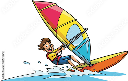 Cartoon windsurfer with colorful sail and splashing water, smiling with joy